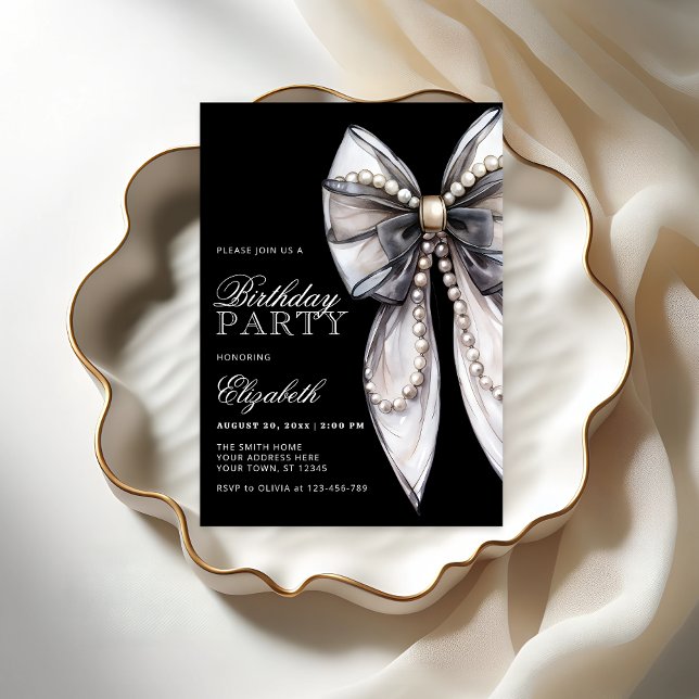 Invitación Elegante fiesta de cumpleaños Black Bow y Pearl (Subido por el creador)