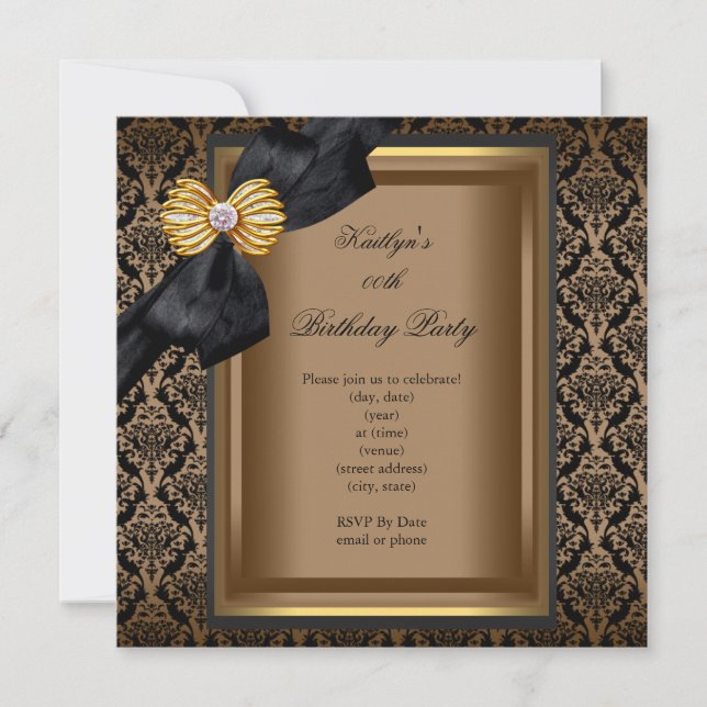 Invitación Elegante fiesta de cumpleaños Black Damask Café Go (Anverso)