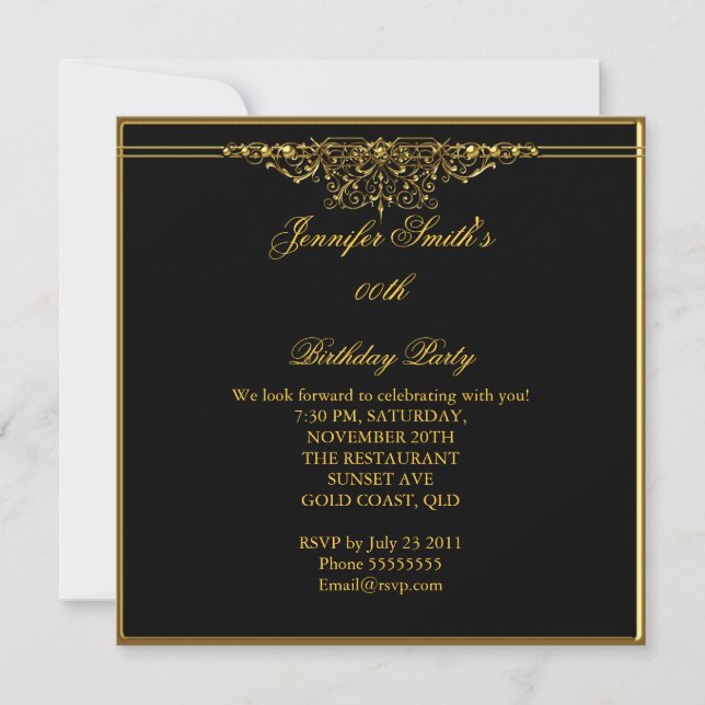Invitación Elegante fiesta de cumpleaños Black Gold (Anverso)