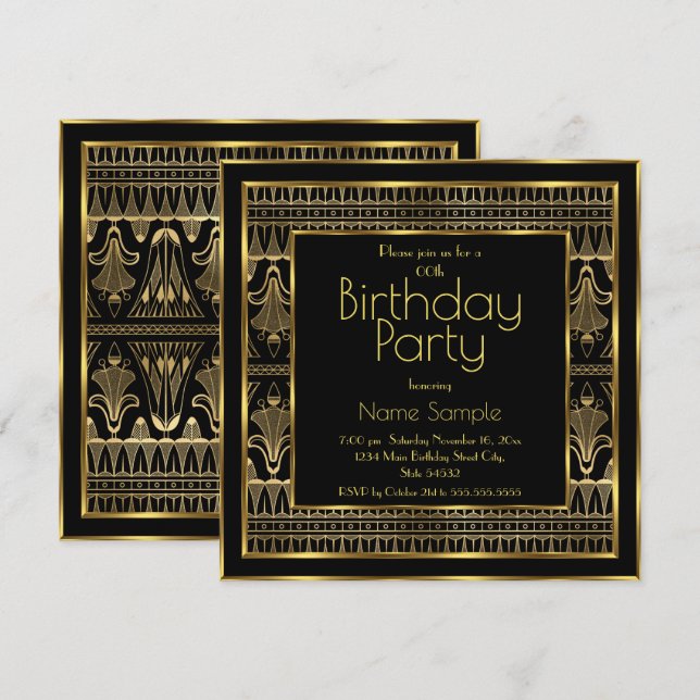 Invitación Elegante fiesta de cumpleaños Black Gold Art Deco (Anverso / Reverso)