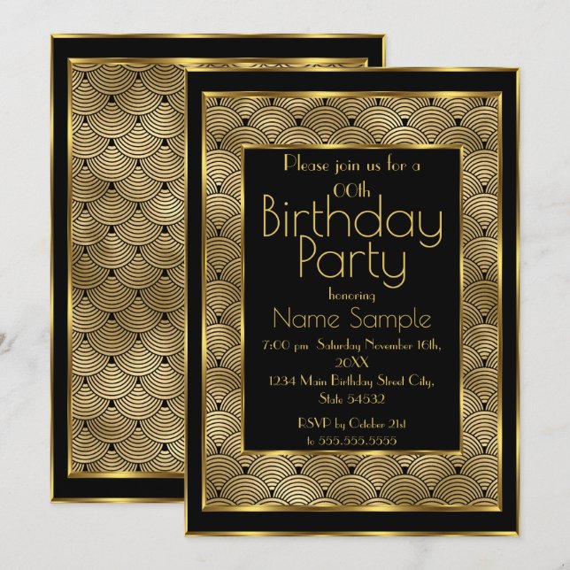 Invitación Elegante fiesta de cumpleaños Black Gold Art Deco  (Anverso / Reverso)