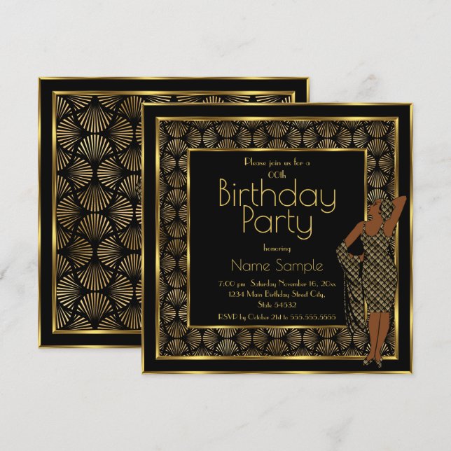 Invitación Elegante fiesta de cumpleaños Black Gold Art Deco  (Anverso / Reverso)