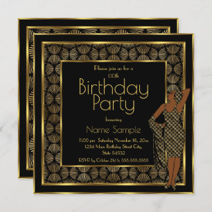 Invitación Elegante fiesta de cumpleaños Black Gold Art Deco 