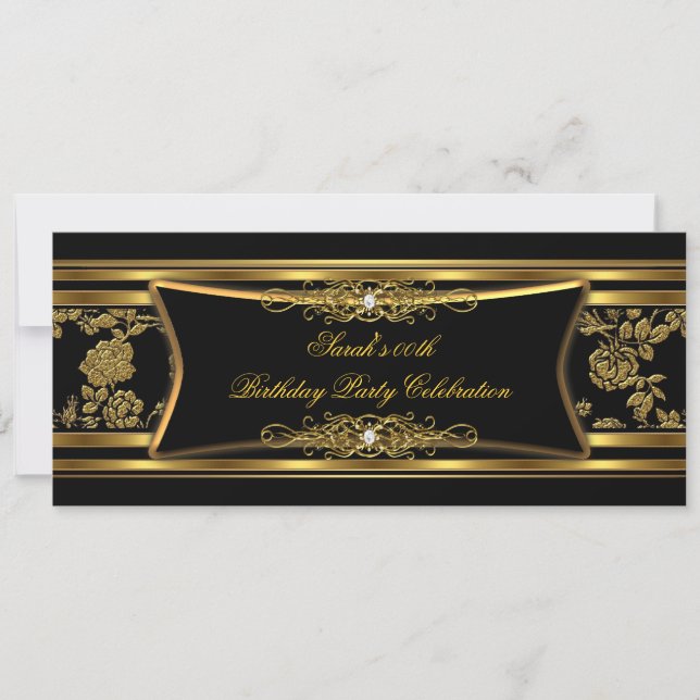 Invitación Elegante fiesta de cumpleaños Black Gold Damask (Anverso)