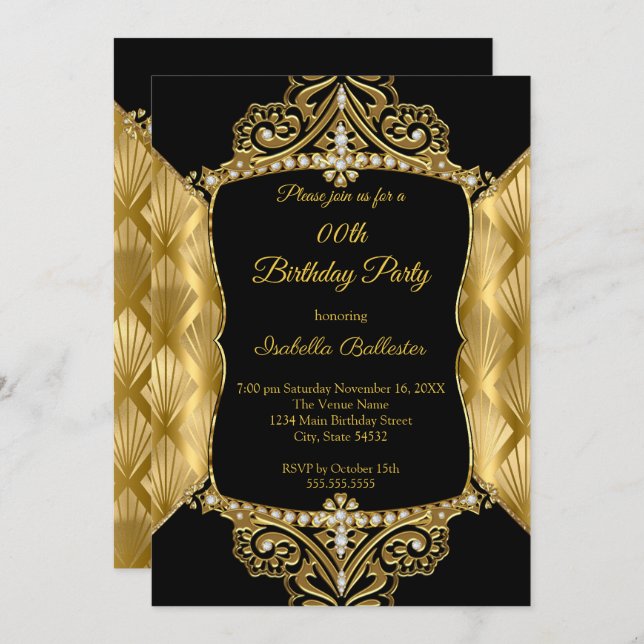 Invitación Elegante fiesta de cumpleaños Black Gold Faux Diam (Anverso / Reverso)