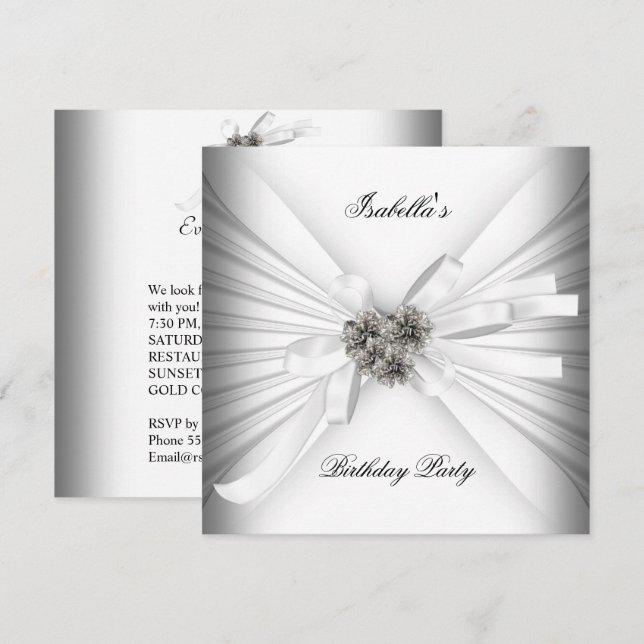 Invitación Elegante Fiesta de Cumpleaños Blanca Plateada (Anverso / Reverso)