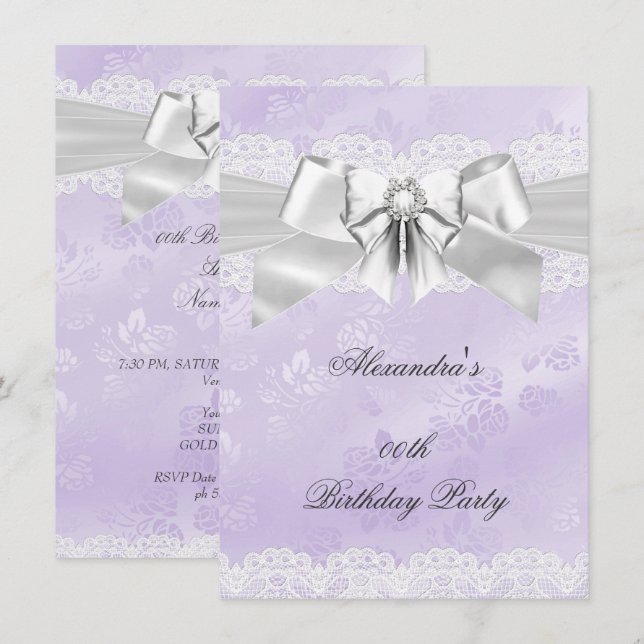Invitación Elegante fiesta de cumpleaños blanco morado de Dam (Anverso / Reverso)
