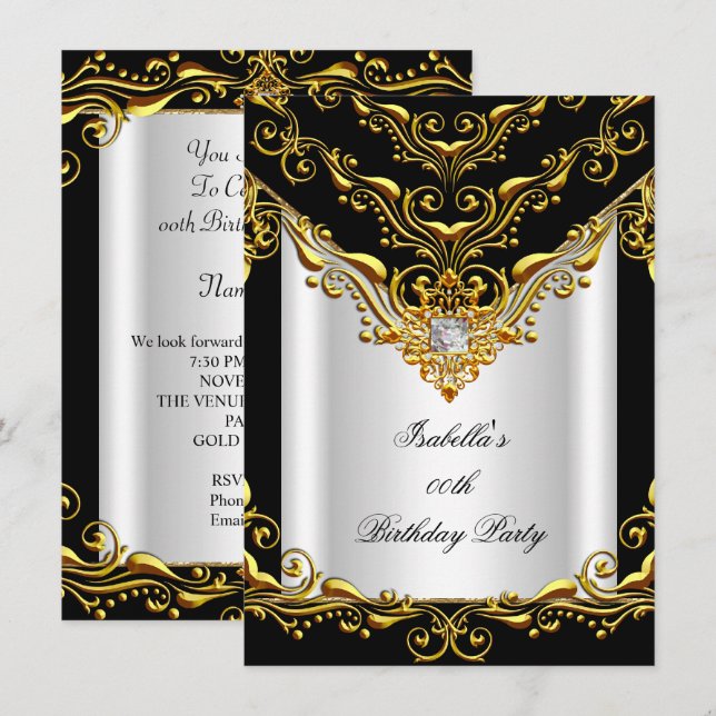 Invitación Elegante Fiesta de Cumpleaños Blanco Plata Negro D (Anverso / Reverso)