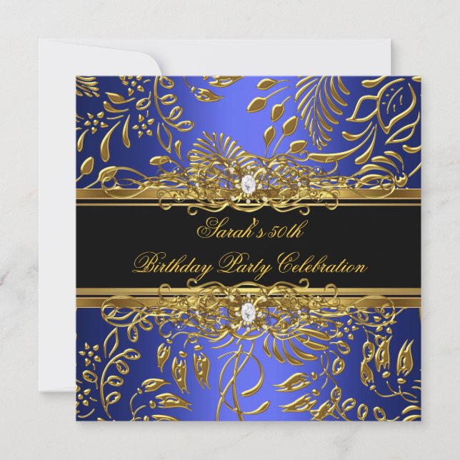 Invitación Elegante fiesta de cumpleaños Blue Black Gold Dama (Anverso)