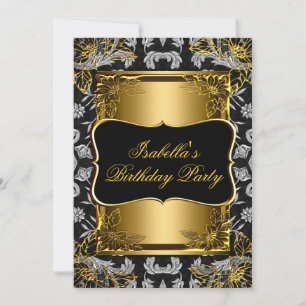 Invitación Elegante Fiesta de Cumpleaños Brocado Damasco Negr