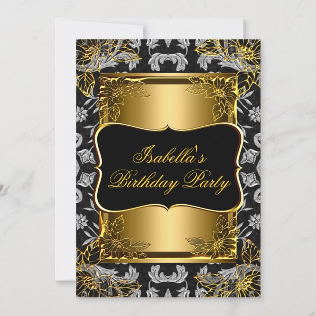 Invitación Elegante Fiesta de Cumpleaños Brocado Damasco Negr (Anverso)