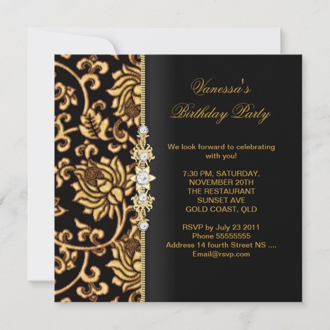 Invitación Elegante Fiesta de Cumpleaños Brocado Dorado Negro (Anverso)
