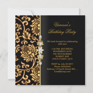 Invitación Elegante Fiesta de Cumpleaños Brocado Dorado Negro