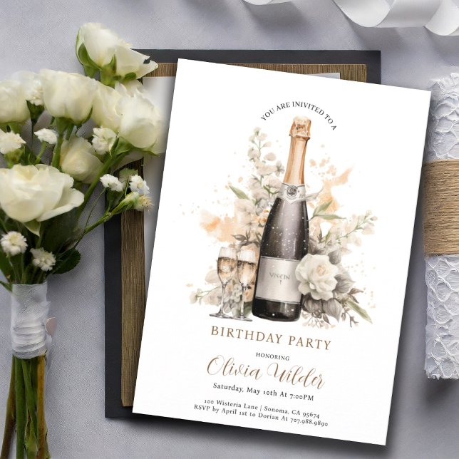 Invitación Elegante fiesta de cumpleaños | Champagne Floral (Subido por el creador)