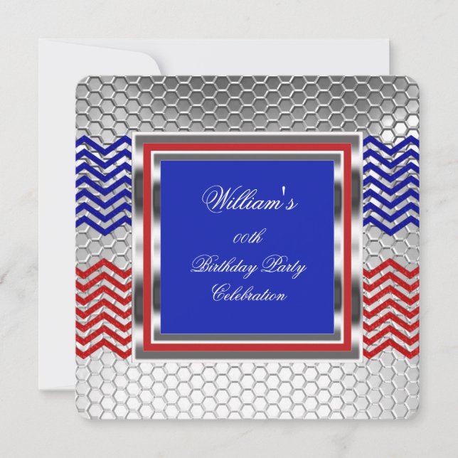 Invitación Elegante Fiesta de Cumpleaños Chevron Rojo Azul Pl (Anverso)