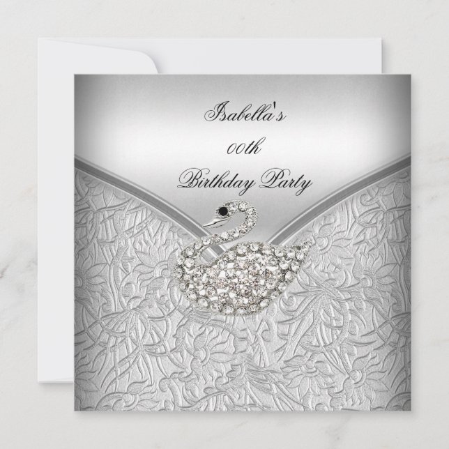 Invitación Elegante Fiesta de Cumpleaños Cisne Blanco Damasco (Anverso)