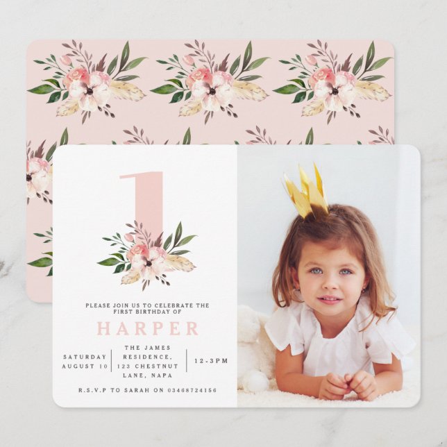 Invitación Elegante fiesta de cumpleaños color rosa (Anverso / Reverso)