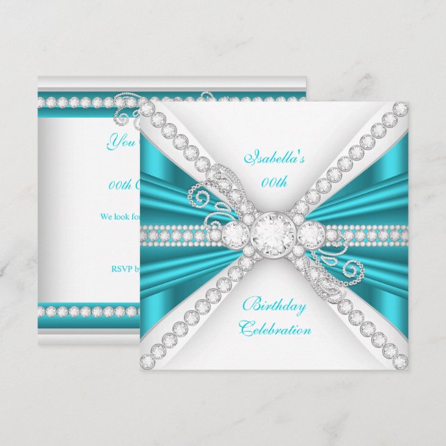 Invitación Elegante Fiesta de Cumpleaños con Azul Verde y Dia (Anverso / Reverso)