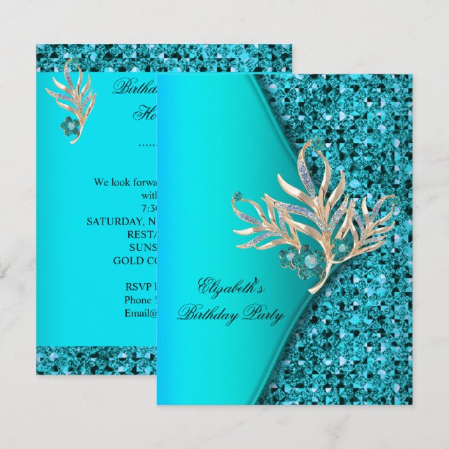 Invitación Elegante Fiesta de Cumpleaños con Brillo Azul Teal (Anverso / Reverso)