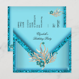 Invitación Elegante Fiesta de Cumpleaños con Brillo Azul Teal