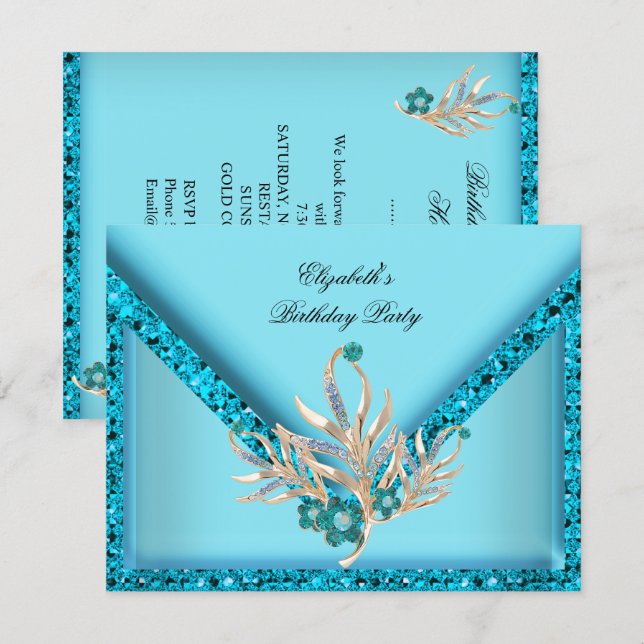 Invitación Elegante Fiesta de Cumpleaños con Brillo Azul Teal (Anverso / Reverso)