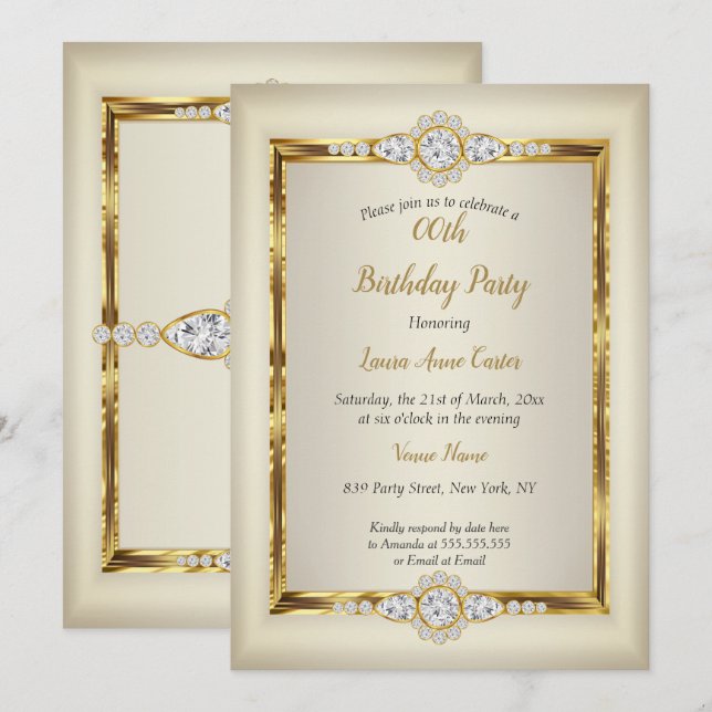 Invitación Elegante Fiesta de Cumpleaños con Crema de Oro y D (Anverso / Reverso)
