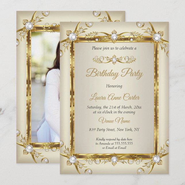 Invitación Elegante Fiesta de Cumpleaños con Crema de Perlas  (Anverso / Reverso)