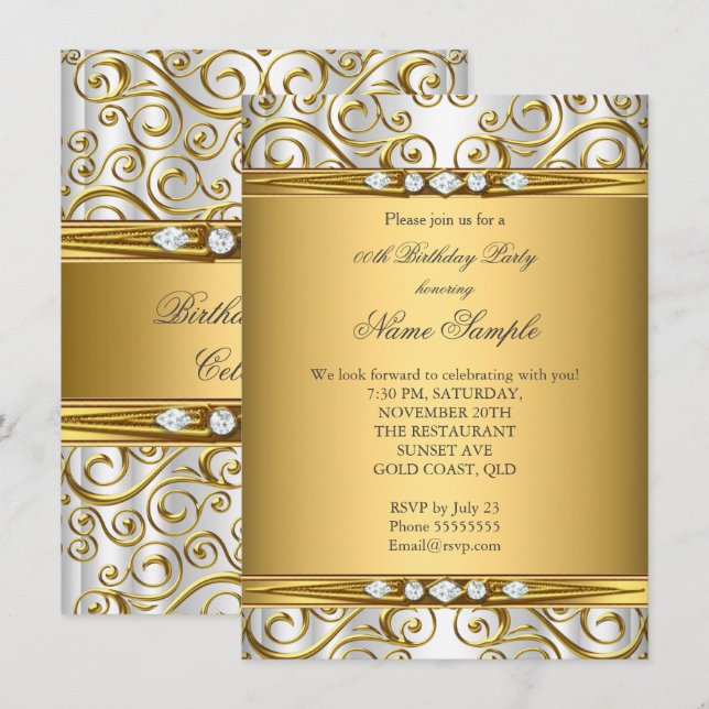 Invitación Elegante fiesta de cumpleaños con damasco de oro y (Anverso / Reverso)