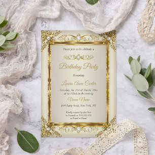 Invitación Elegante Fiesta de Cumpleaños con Damasco de Perla