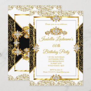 Invitación Elegante fiesta de cumpleaños con damasco dorado y