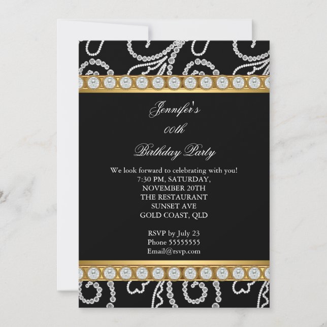Invitación Elegante Fiesta de Cumpleaños con Diamantes Negros (Anverso)