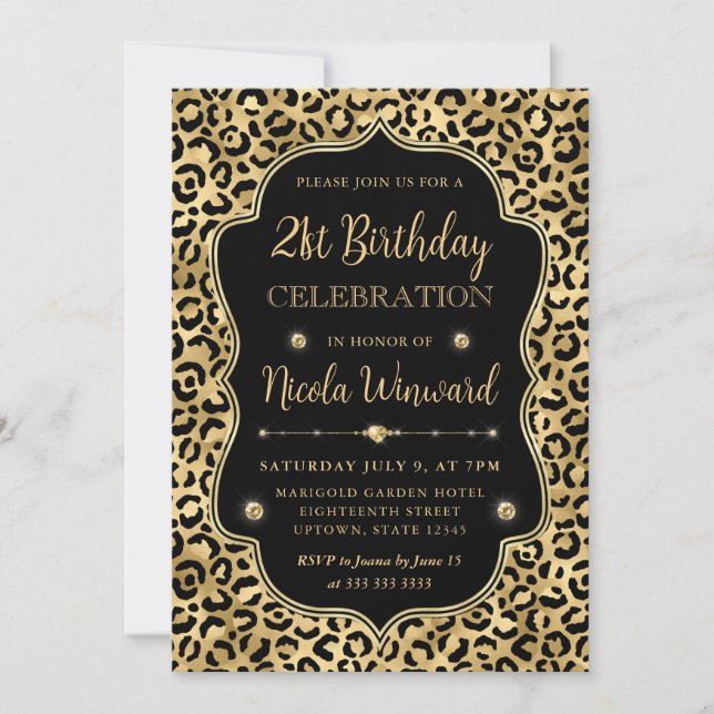 Invitación Elegante Fiesta de Cumpleaños con Estampado de Leo (Anverso)