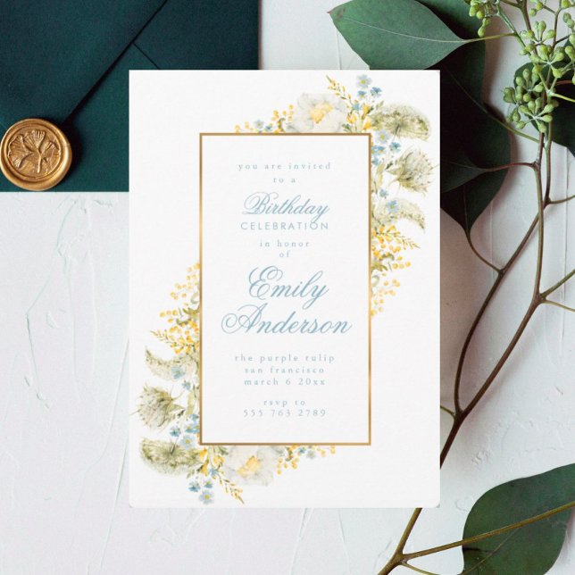 Invitación Elegante fiesta de cumpleaños con flor silvestre e (Subido por el creador)