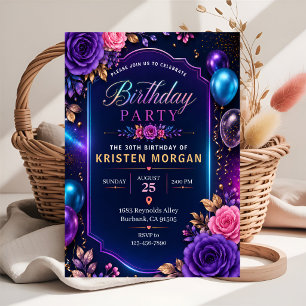 Invitación Elegante Fiesta de Cumpleaños con Flores de Neón