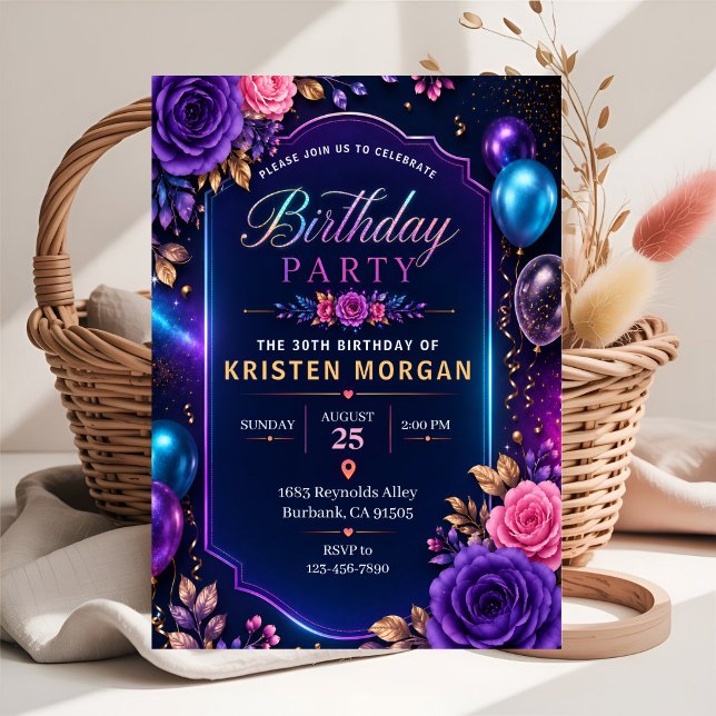 Invitación Elegante Fiesta de Cumpleaños con Flores de Neón (Subido por el creador)