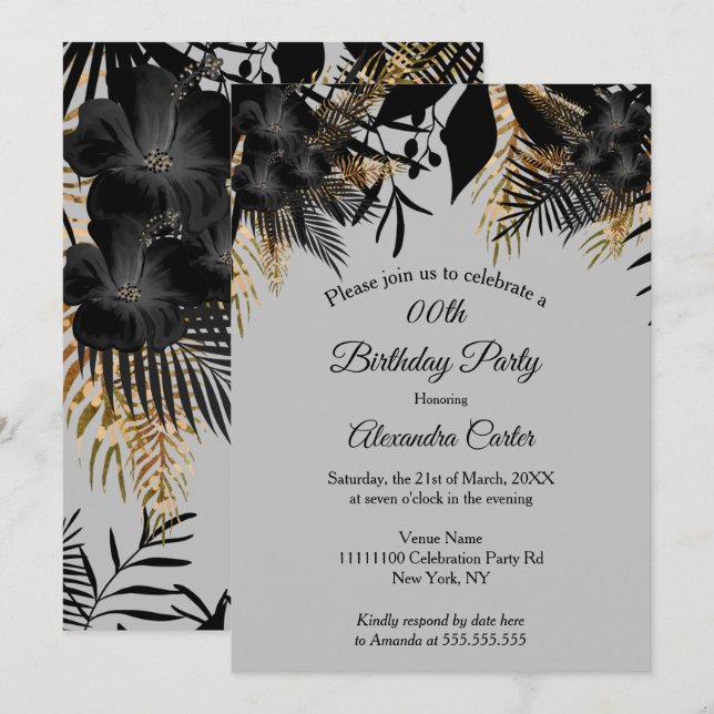 Invitación Elegante fiesta de cumpleaños con flores grises de (Anverso / Reverso)