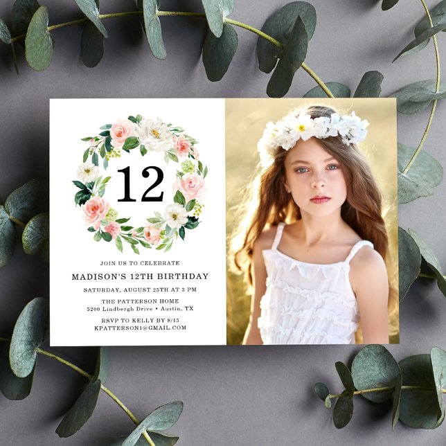 Invitación Elegante fiesta de cumpleaños con foto de flores r (Subido por el creador)