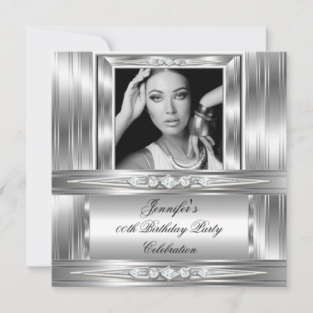 Invitación Elegante Fiesta de Cumpleaños con Foto de Plata y  (Anverso)
