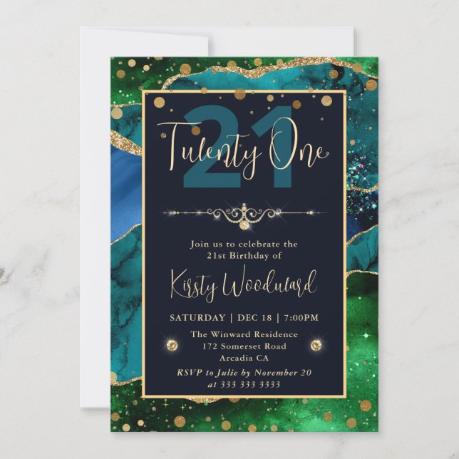 Invitación Elegante Fiesta de Cumpleaños con Glitter Agata Pa (Anverso)