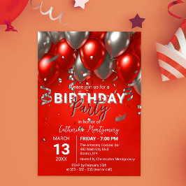 Invitación Elegante fiesta de cumpleaños con globo rojo y pla