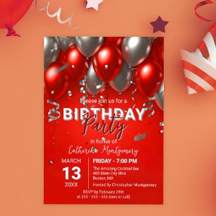 Invitación Elegante fiesta de cumpleaños con globo rojo y pla