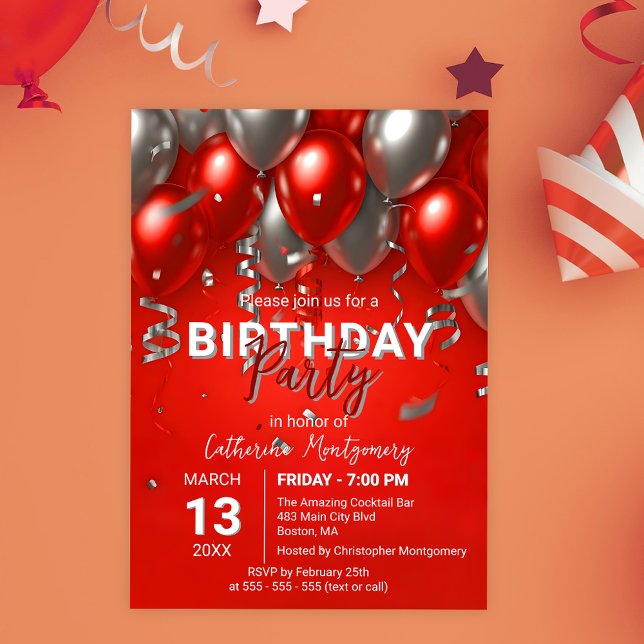 Invitación Elegante fiesta de cumpleaños con globo rojo y pla (Subido por el creador)