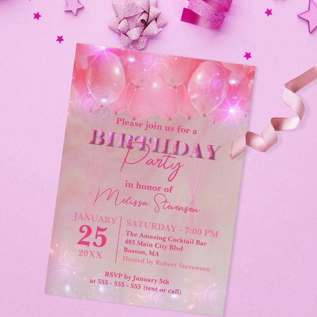 Invitación Elegante Fiesta de cumpleaños con globo rosa brill (Subido por el creador)