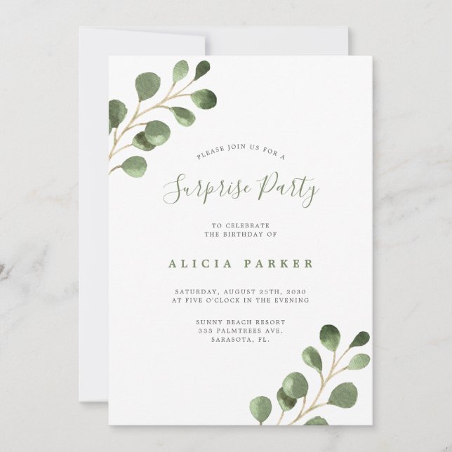 Invitación Elegante fiesta de cumpleaños con hojas de eucalip (Anverso)