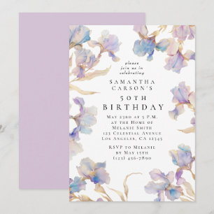 Invitación Elegante Fiesta de Cumpleaños con Iris Floral Acua