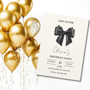 Invitación Elegante Fiesta de Cumpleaños con Lazo Negro Minim