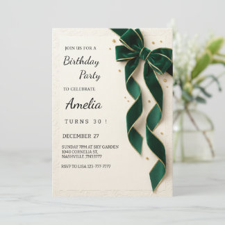 Invitación Elegante fiesta de cumpleaños con lazo verde dorad