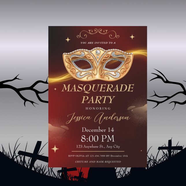 Invitación Elegante Fiesta de Cumpleaños con Máscara de Oro N (Subido por el creador)