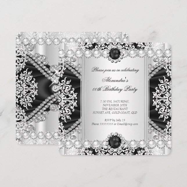 Invitación Elegante fiesta de cumpleaños con perlas blancas y (Anverso / Reverso)