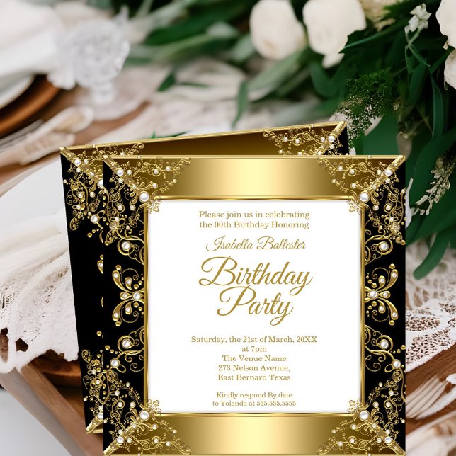 Invitación Elegante Fiesta de Cumpleaños con Perlas Blancas y (Subido por el creador)